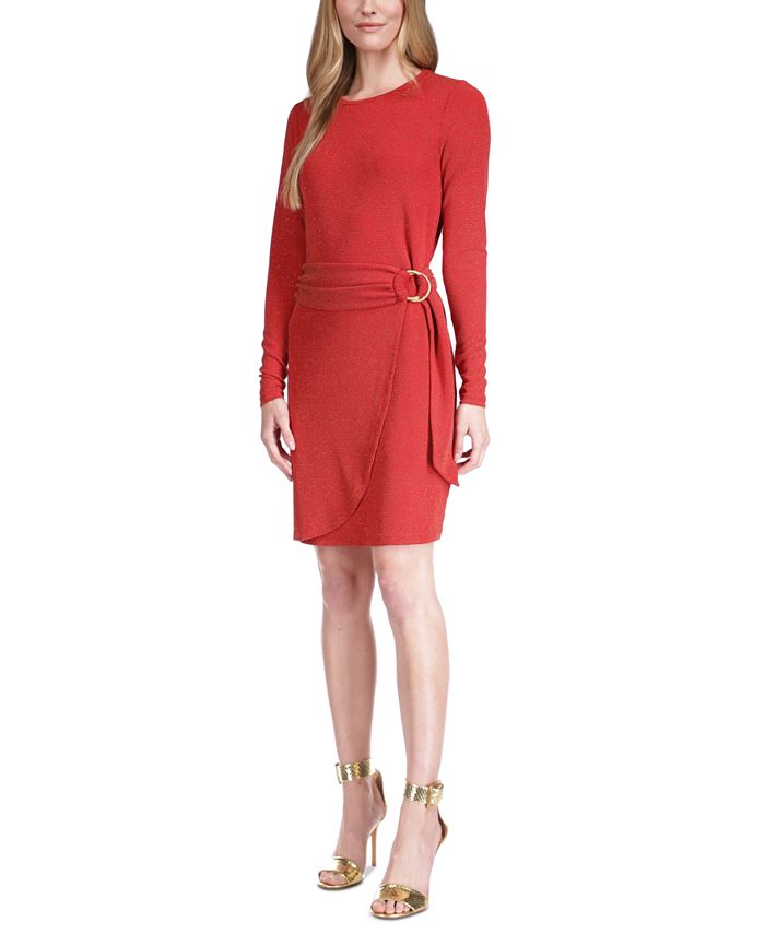 Michael Kors Women's Metallic Faux Wrap T-Shirt Dress Red Size Small