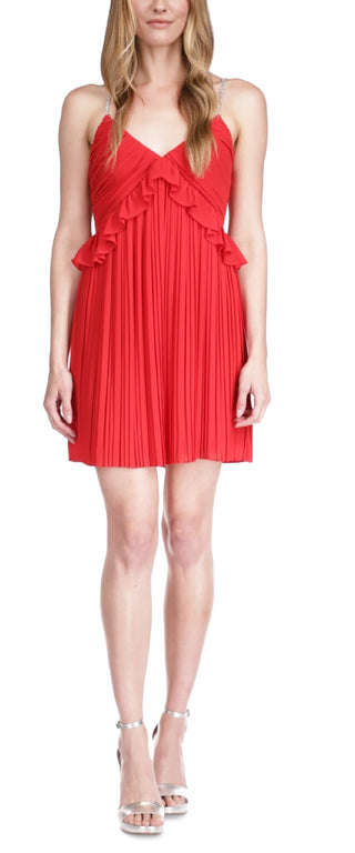 Michael Kors Women's Pleated Rhinestone Chain Strap Dress Red