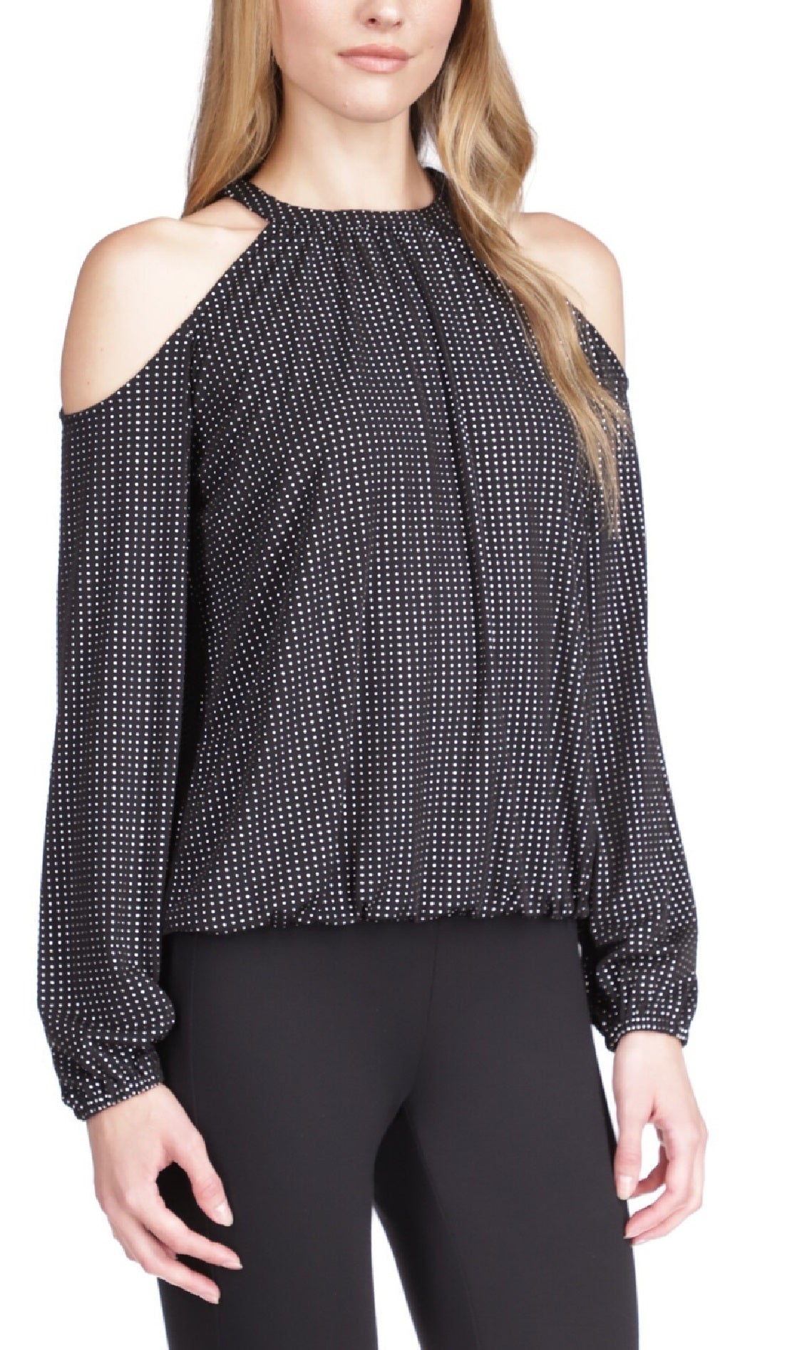 Michael Kors Women's' Cold Shoulder Smocked Waist Top Gray Size Petite X-Large