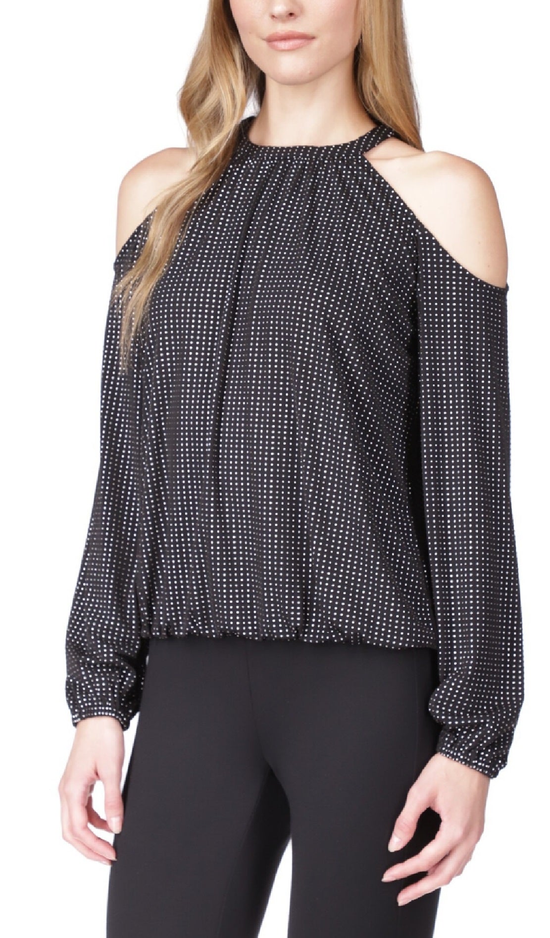 Michael Kors Women's' Cold Shoulder Smocked Waist Top Gray Size Petite X-Large