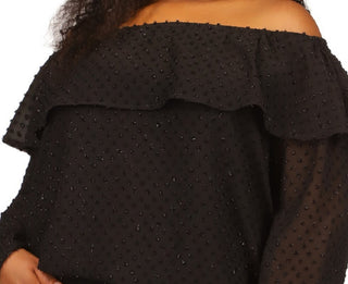 Michael Kors Women's Beaded Off The Shoulder Ruffle Neck Top Black Size 2X