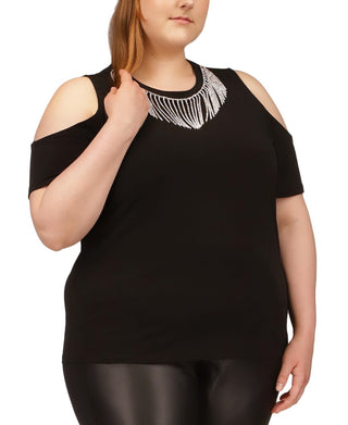 Michael Kors Women's Rhinestone Fringe Cold Shoulder T-Shirt Black Size 2X