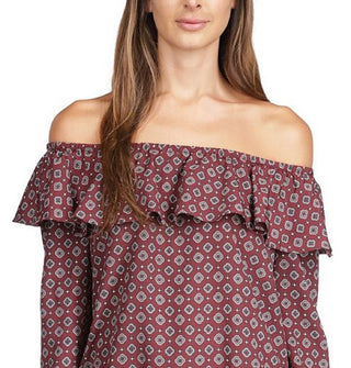 Michael Kors Women's Printed Ruffled Off The Shoulder Top Red Size Petite Large