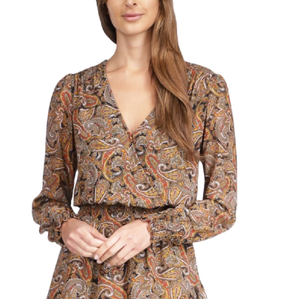 Michael Kors Women's Paisley Print Smocked Waist Tiered Dress Orange Size Petite Medium