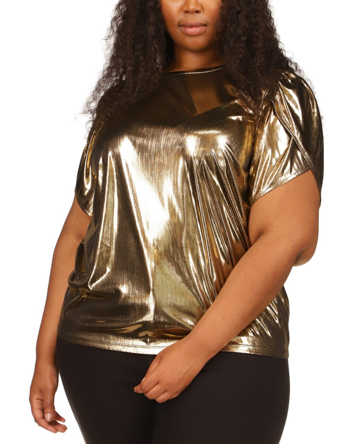 Michael Kors Women's Short Petal Sleeve Foil Top Yellow Size 2X