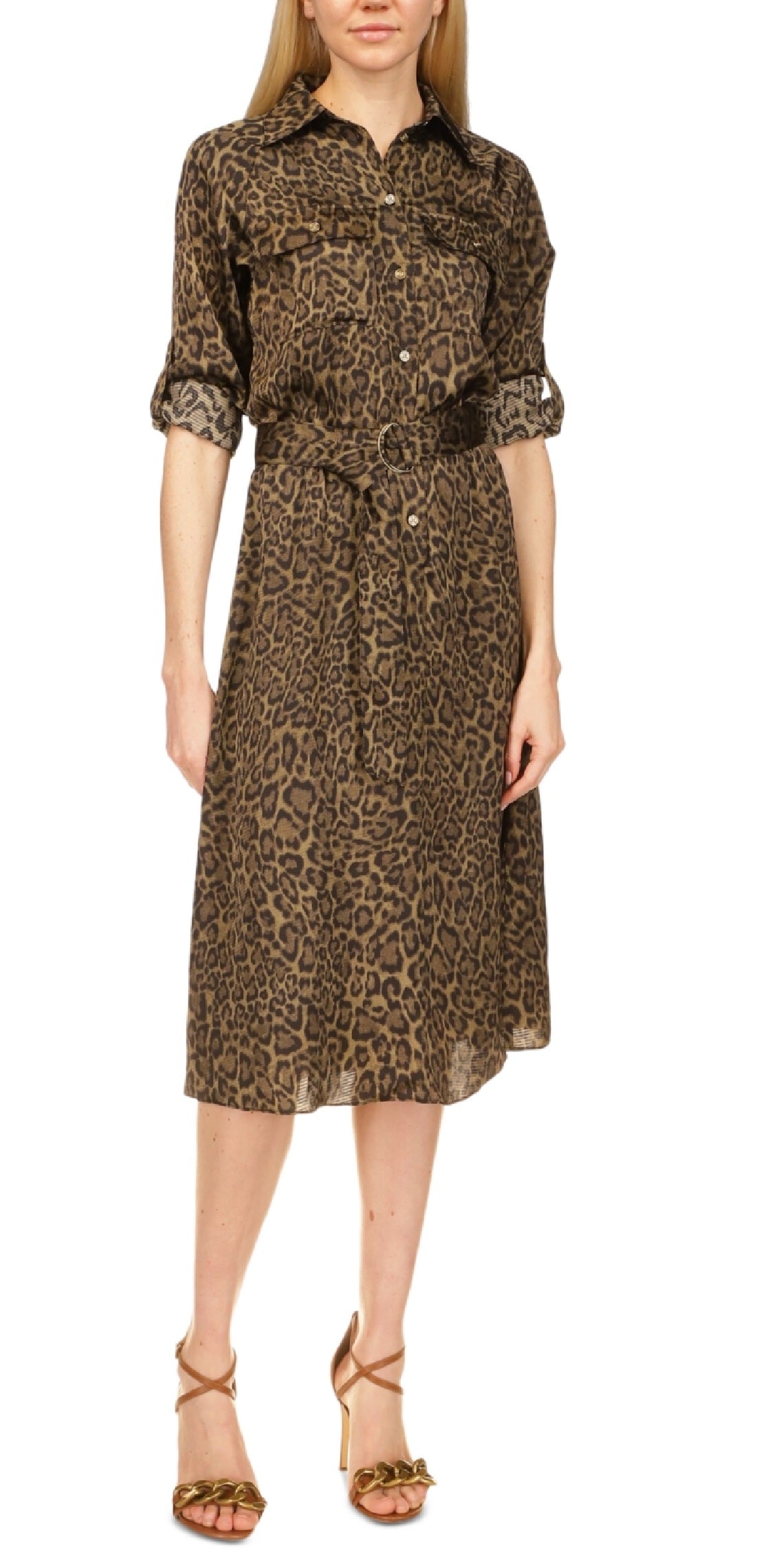 Michael Kors Women's Cheetah Print Midi Utility Dress Green Size X-Large