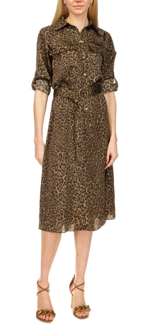 Michael Kors Women's Cheetah Print Midi Utility Dress Green Size X-Large