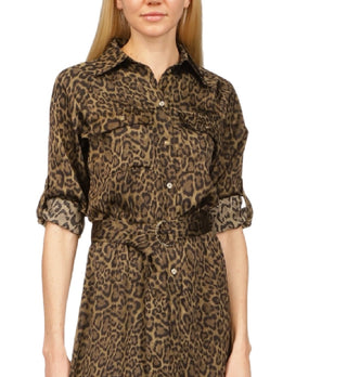 Michael Kors Women's Cheetah Print Midi Utility Dress Green Size X-Large