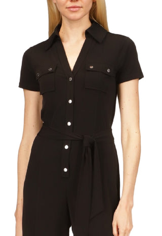 Michael Kors Women's Split Neck Button Jumpsuit Black Size X-Large