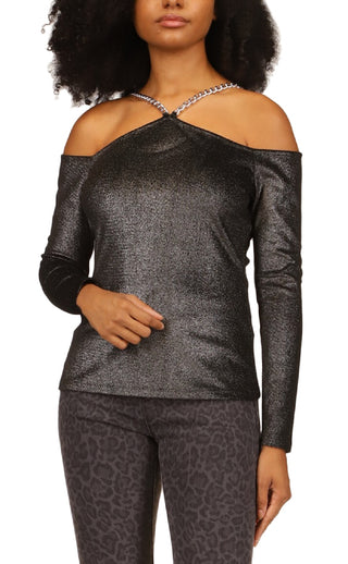 Michael Kors Women's Metallic Velvet Chain Cold Shoulder Top Gray Size Petite Small