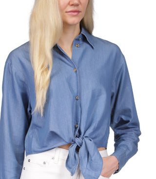 Michael Kors Women's Chambray Tie FronT-Shirt Blue Size Medium