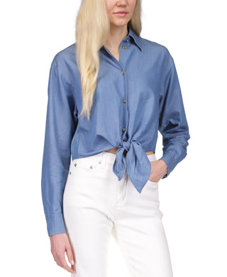 Michael Kors Women's Chambray Tie FronT-Shirt Blue Size Medium