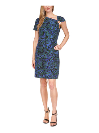 Michael Kors Women's Unlined Pullover O ring Detail Printed Short Sleeve Asymmetrical Neckline Short Party Dress Blue Size Small