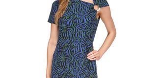 Michael Kors Women's Unlined Pullover O ring Detail Printed Short Sleeve Asymmetrical Neckline Short Party Dress Blue Size Small