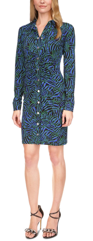 Michael Kors Women's Zebra Print Ruched Mini Dress Blue Size X-Small
