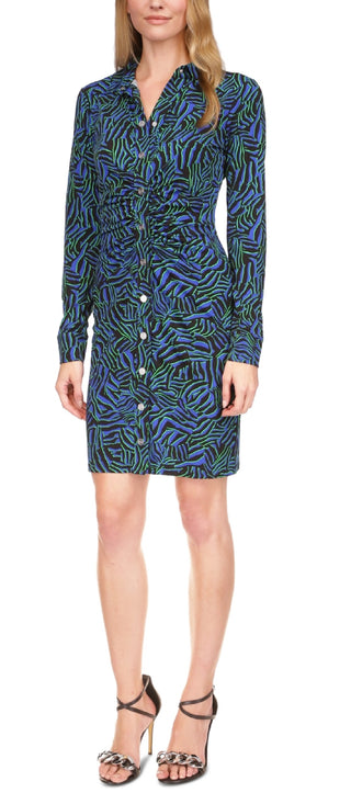 Michael Kors Women's Zebra Print Ruched Mini Dress Blue Size Medium