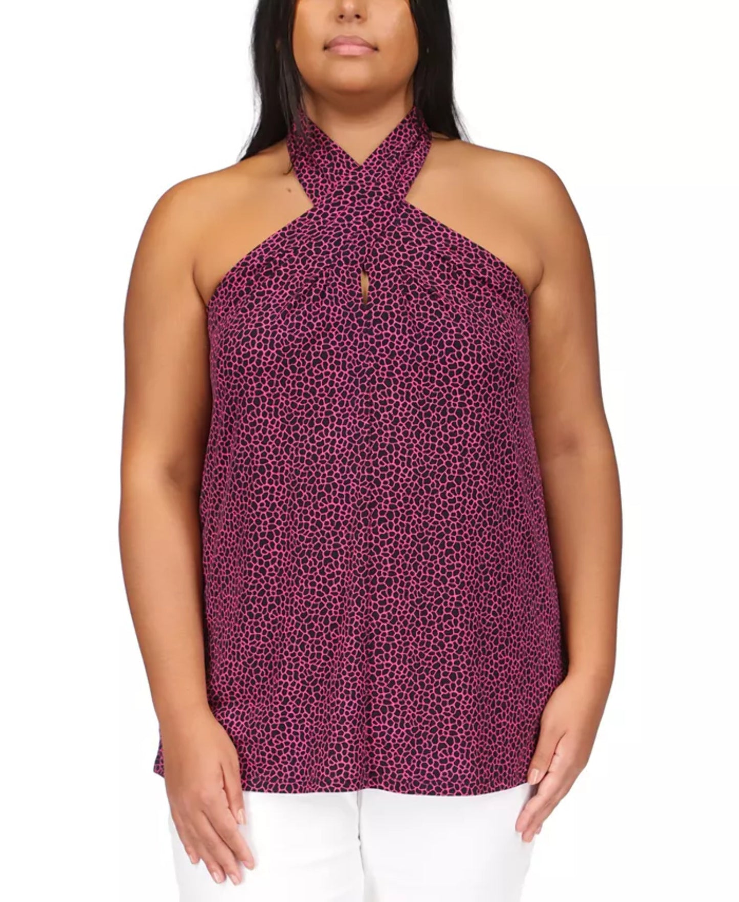 Michael Kors Women's Animal Print Halter Neck Sleeveless Top Purple Size 1X