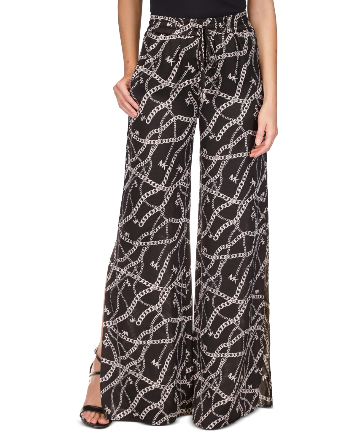 Michael Kors Women's Solid And Chain Print High Slit Pull On Pants Black Size Petite X-Small