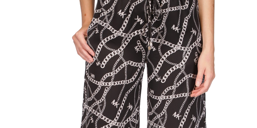 Michael Kors Women's Solid And Chain Print High Slit Pull On Pants Black Size Petite X-Small