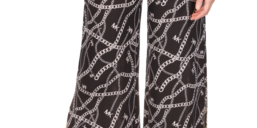 Michael Kors Women's Solid And Chain Print High Slit Pull On Pants Black Size Petite X-Small