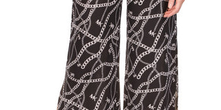 Michael Kors Women's Solid And Chain Print High Slit Pull On Pants Black Size Petite X-Small