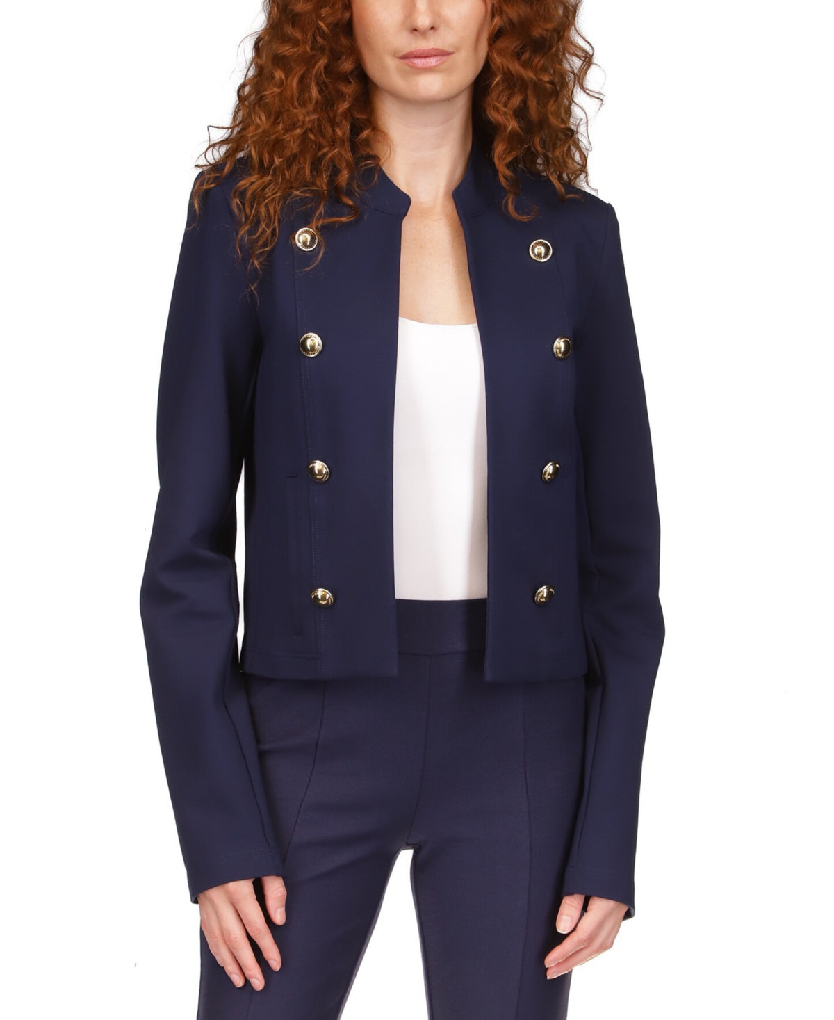 Michael Kors Women's Unlined Pocketed Button Detail Military Jacket Blue Size Small