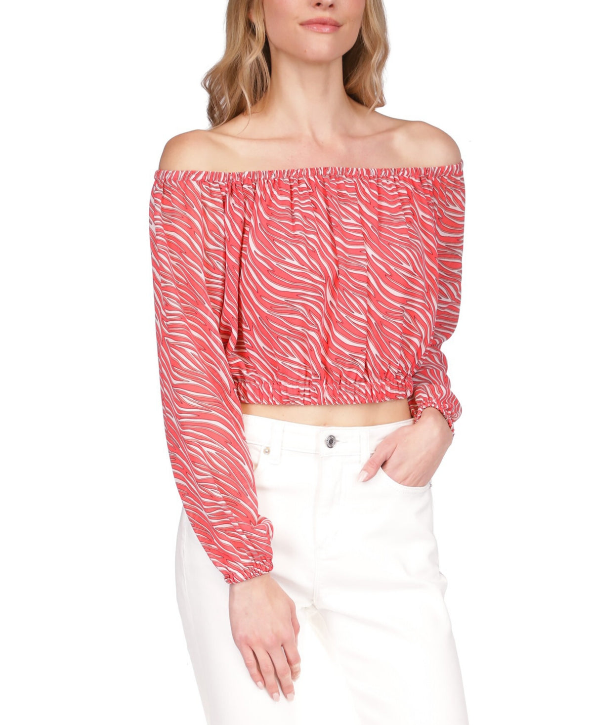 Michael Kors Women's Zebra Print Off The Shoulder Top Pink Size Small