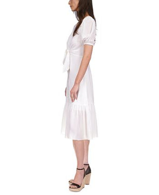 Michael Kors Women's Textured Pinstripe Tie Front Dress White Size Petite Large