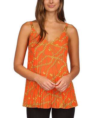 Michael Kors Womens Chain Print Pleated Tank Top Orange Size XSmall