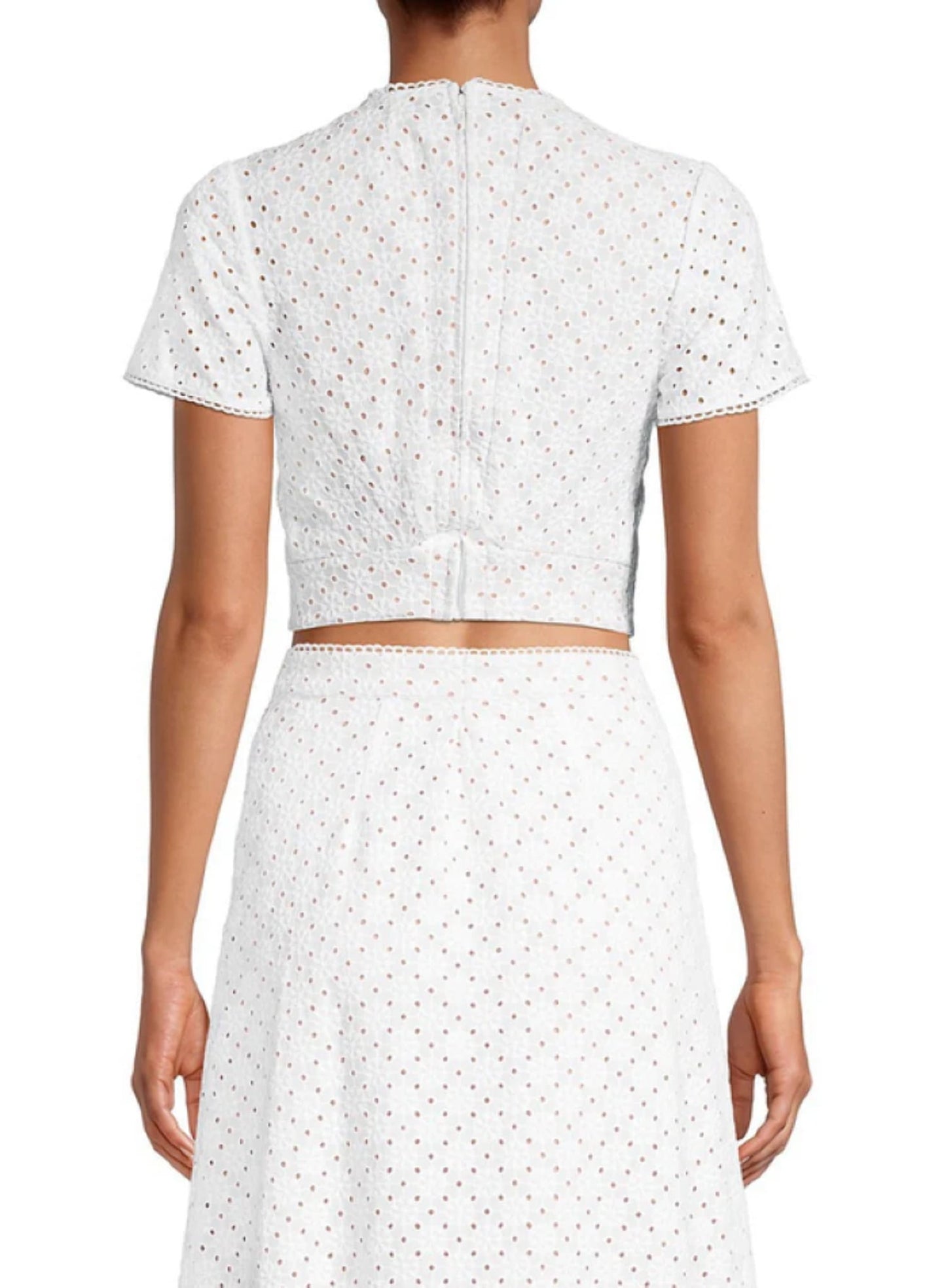 Michael Kors Women's Geo Eyelet Cropped Short Sleeve Top White Size 8
