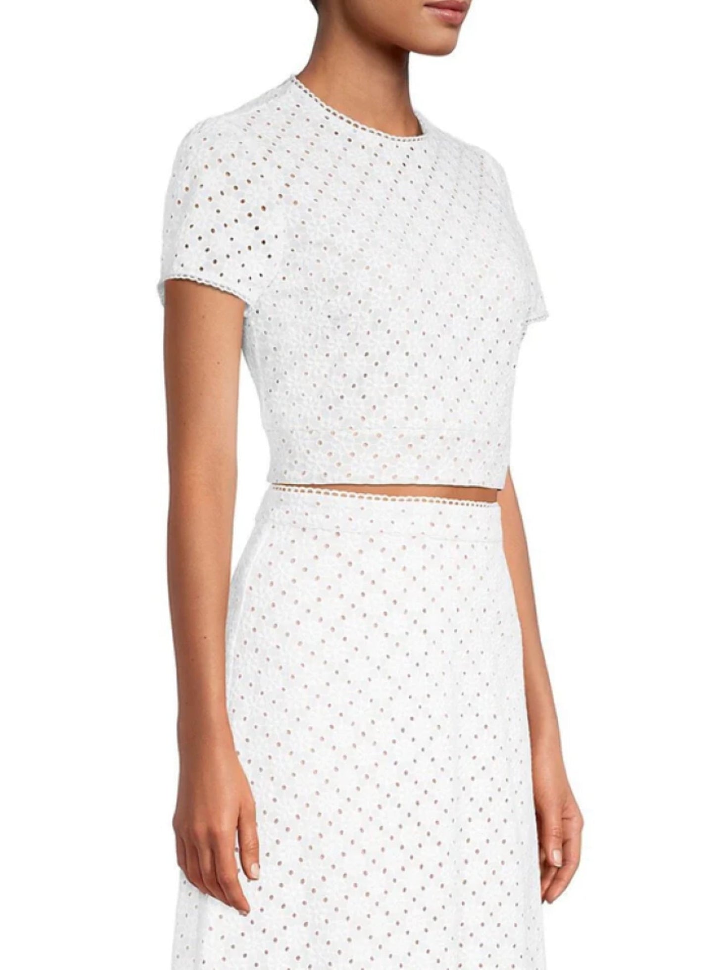 Michael Kors Women's Geo Eyelet Cropped Short Sleeve Top White Size 8