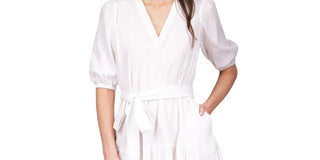 Michael Kors Women's V Neck Monotone Pinstripe Mini Dress White Size Large