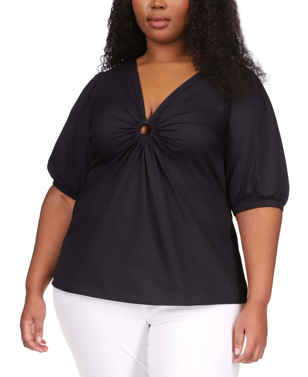Michael Kors Women's Cotton Poplin 3/4 Sleeve Top Black