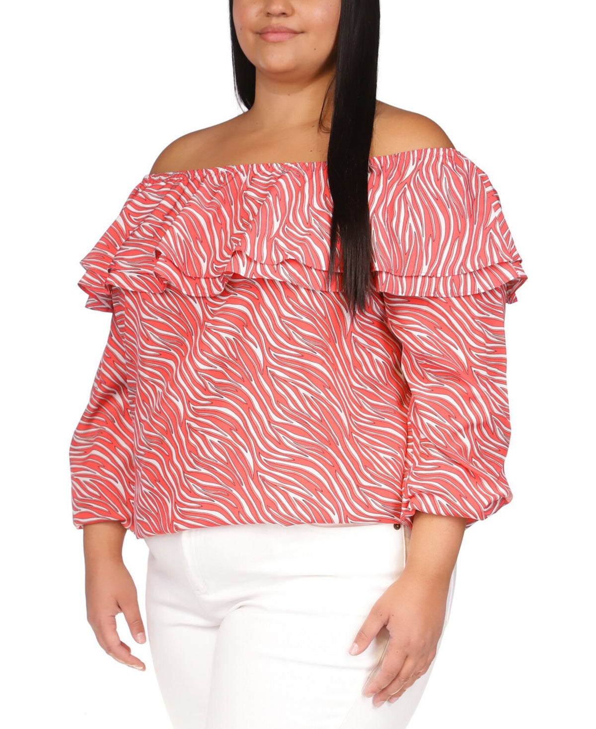 Michael Kors Women's Zebra Print Ruffled Peasant Top Pink