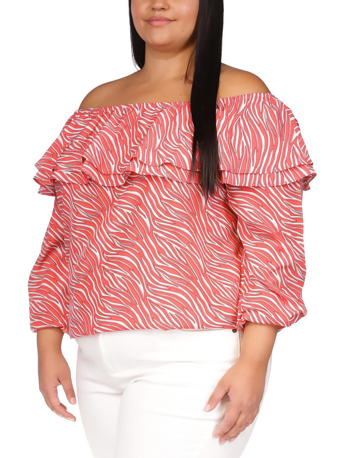 Michael Kors Women's Zebra Print Ruffled Peasant Top Pink