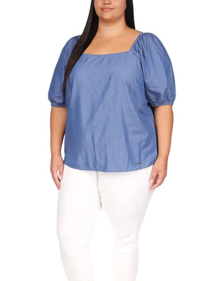 Michael Kors Women's Square Neck Puff Sleeve Top Blue Size 3X