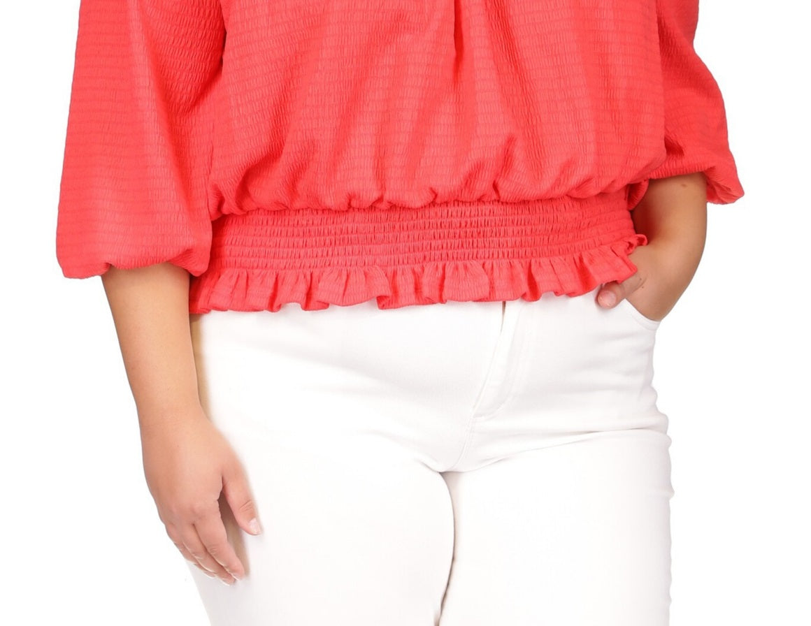 Michael Kors Women's Smocked Long Sleeve Blouson Top Pink Size 3X