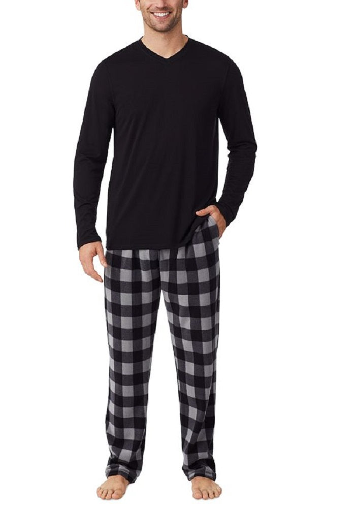 Cuddl Duds Men's Long Sleeve V Neck T-Shirt & Plaid Fleece Pajama Pants Black Size Medium