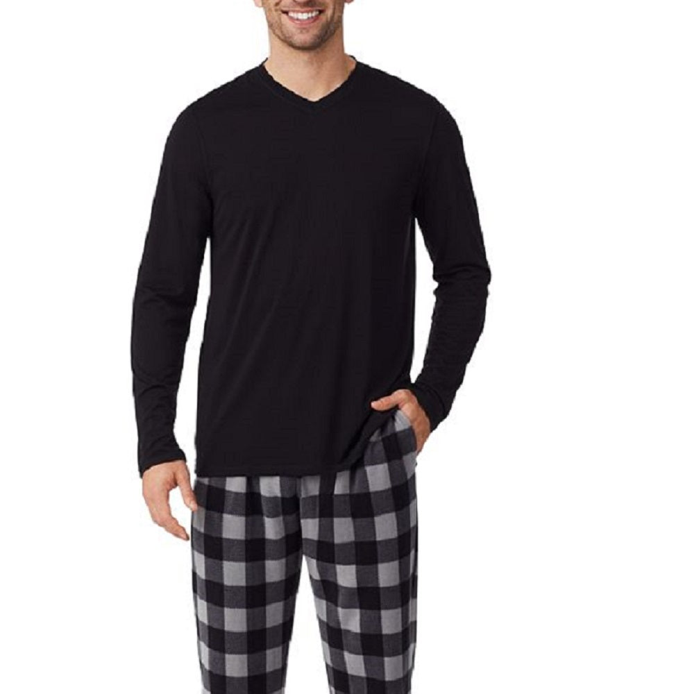 Cuddl Duds Men's Long Sleeve V Neck T-Shirt & Plaid Fleece Pajama Pants Black Size Medium
