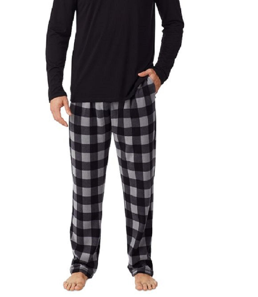 Cuddl Duds Men's Long Sleeve V Neck T-Shirt & Plaid Fleece Pajama Pants Black Size Medium