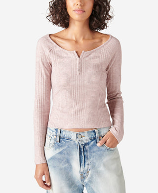 Lucky Brand Women's Rib Knit Cloud Henley Top Pink Size XX-Large