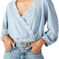Lucky Brand Women's Eyelet Faux Wrap Cotton Top Blue Size X-Large