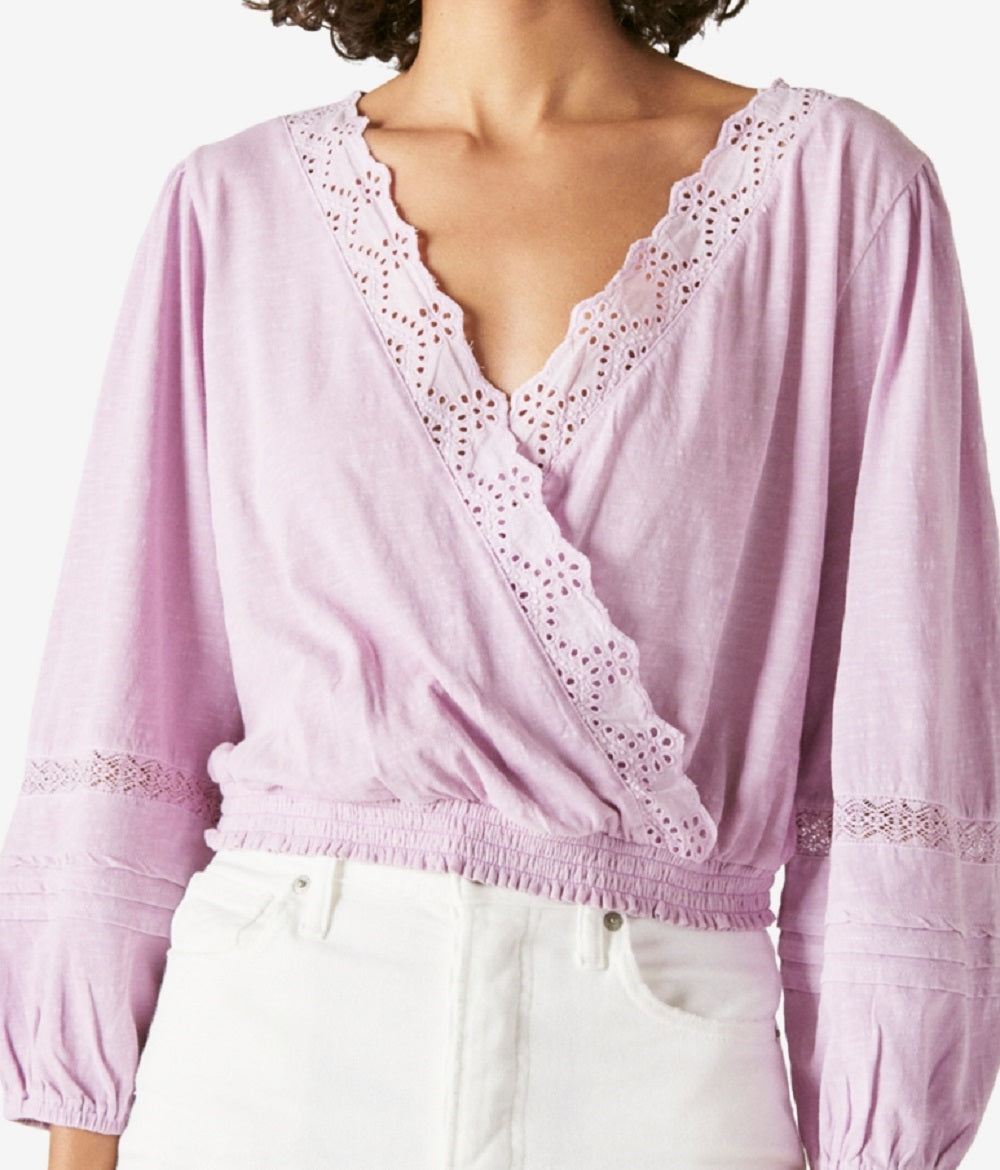 Lucky Brand Women's Eyelet Faux Wrap Cotton Top Purple Size X-Large