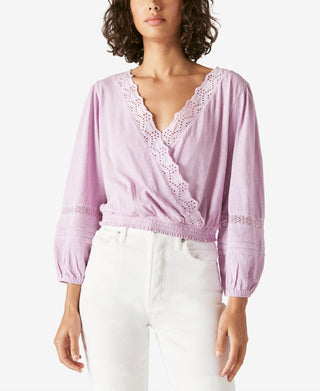 Lucky Brand Women's Eyelet Faux Wrap Cotton Top Purple Size X-Large