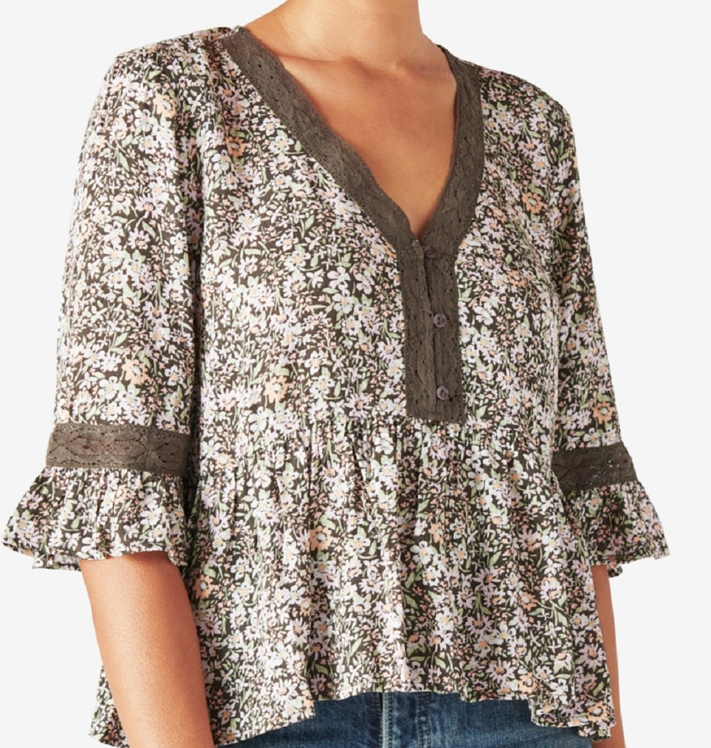 Lucky Brand Women's Floral Lace Edge Top Green Size X-Large