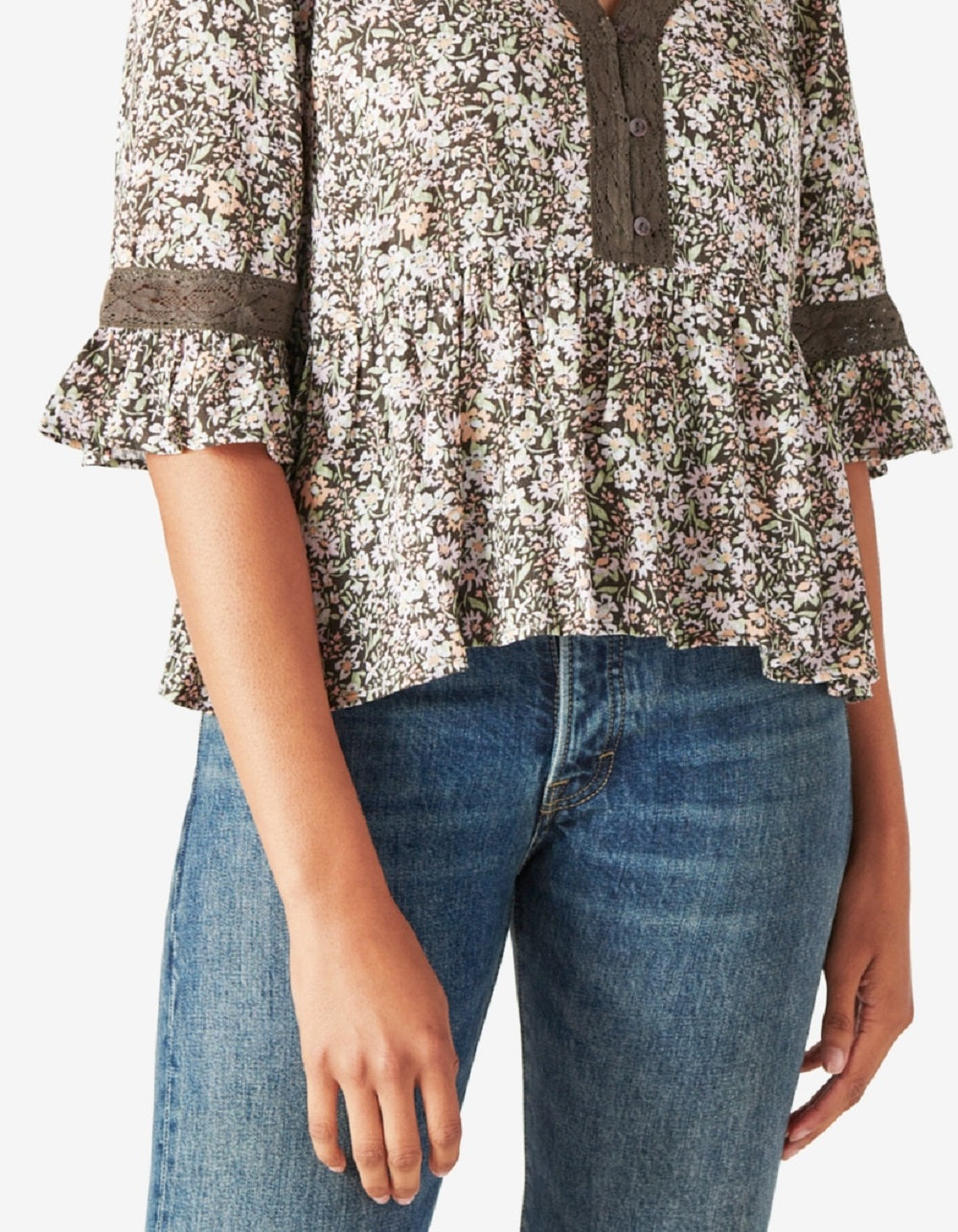 Lucky Brand Women's Floral Lace Edge Top Green Size X-Large