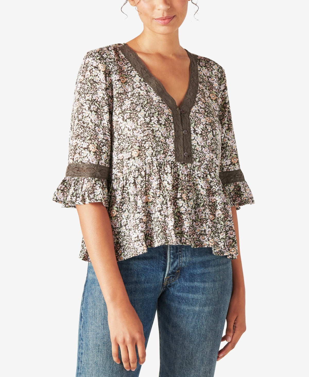 Lucky Brand Women's Floral Lace Edge Top Green Size X-Large