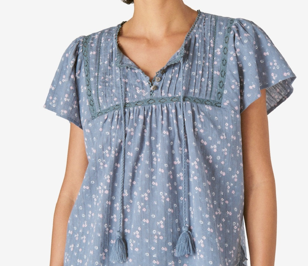 Lucky Brand Women's Pintuck Ladder Stitch Top Blue Size Small