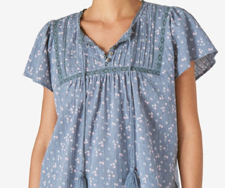 Lucky Brand Women's Pintuck Ladder Stitch Top Blue Size Medium