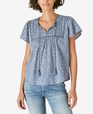 Lucky Brand Women's Pintuck Ladder Stitch Top Blue Size Medium
